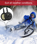 Mountain biker in snow with inset of 4 Pairs Resin Disc Brake Pads For Mechanical Bike Brakes Compatible With Avid BB5 CSC Kingdom Promax DC Series And More Low Noise Low Dust Disc Friendly High Temp Performance Long Lasting And Easy Install