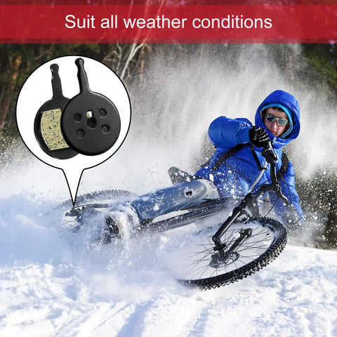 Mountain biker in snow with inset of 4 Pairs Resin Disc Brake Pads For Mechanical Bike Brakes Compatible With Avid BB5 CSC Kingdom Promax DC Series And More Low Noise Low Dust Disc Friendly High Temp Performance Long Lasting And Easy Install