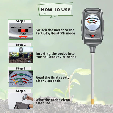 Step-by-step guide for the 3 In 1 Soil Test Kit With Moisture Meter PH Meter And Fertility Tester For Garden Lawn Yard Indoor And Outdoor Plants Farm Use Easy Readout Black Silver Pro