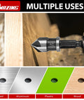 Pro Grade 5 Piece Countersink Drill Bit Set With One Quarter Inch Hex Shank, 82 Degree 5 Flute HSS Countersink Bits in use on wood