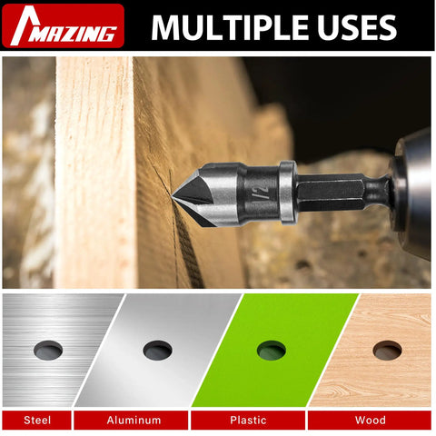 Pro Grade 5 Piece Countersink Drill Bit Set With One Quarter Inch Hex Shank, 82 Degree 5 Flute HSS Countersink Bits in use on wood