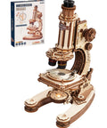 One To One Scale Wooden Puzzle Microscope Kit With 40X To 400X Magnification, buildable 3D wooden microscope model with box