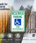 Heavy Duty 18X12 Reserved Parking Van Accessible Handicapped Metal Sign Built Straight Tough With Reflective Aluminum Dot Compliant For Outdoor Applications against a rainy backdrop.