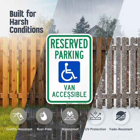 Heavy Duty 18X12 Reserved Parking Van Accessible Handicapped Metal Sign Built Straight Tough With Reflective Aluminum Dot Compliant For Outdoor Applications against a rainy backdrop.