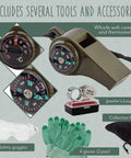 Deluxe Rockhound And Rock Mining Kit For Pros And Hobbyists 15 Piece Set With Hammer Chisels In 8 10 And 12 Inch Sizes Musette Bag And Essential Accessories featuring whistle with compass, goggles, gloves, and loupe.