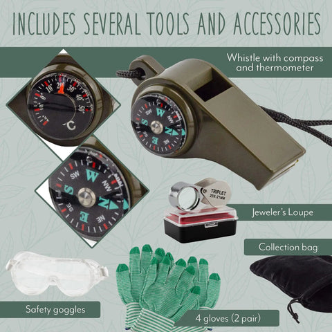 Deluxe Rockhound And Rock Mining Kit For Pros And Hobbyists 15 Piece Set With Hammer Chisels In 8 10 And 12 Inch Sizes Musette Bag And Essential Accessories featuring whistle with compass, goggles, gloves, and loupe.