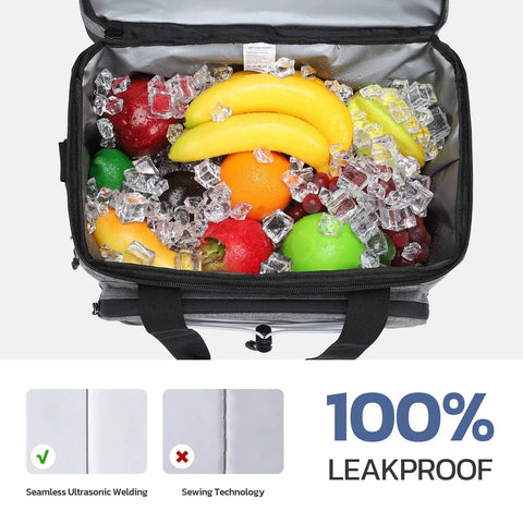 Portable Collapsible Soft Cooler Bag With Double Deck Design For 24 30 60 Cans Leakproof Ice Chest For Beach Camping And Grocery Grey Keeps Ice Cold Up To 12 Hours With Five Layer Insulation open with fruits and ice