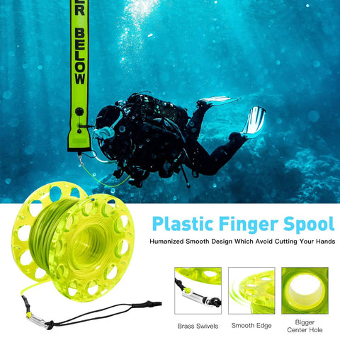 Diver with Five-Foot Scuba Surface Marker Buoy with safety sausage, 98-foot finger spool reel, clip, and whistle in underwater use.