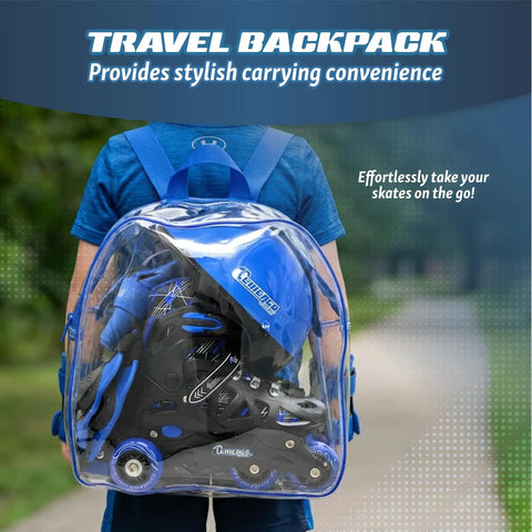 Beginner Inline Training Roller Skates For Kids With Totally Safe Protective Gear Set in transparent travel backpack