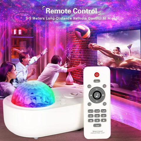 Star projector for bedroom 4 in 1 with Bluetooth speaker remote and timer 10 color LED lights in living room setting