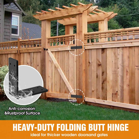 Heavy Duty Gate Hinges 270 Degrees Fully Adjustable Six Pack Black Steel Runs Smooth As Silk For Bifold Barn Doors With Gas Drop Down Support Struts Built Tough For The Long Haul, shown on a wooden gate.