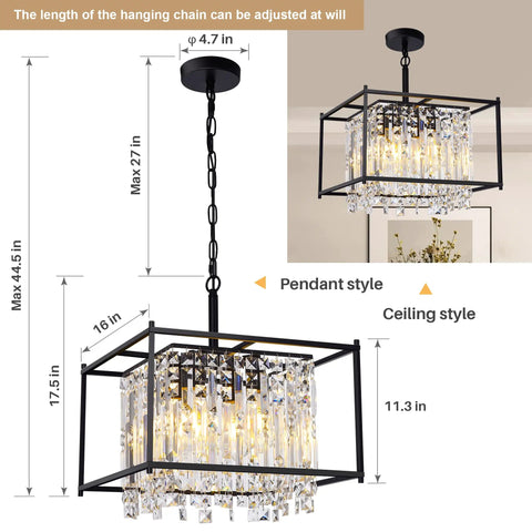 Dope Modern Black Crystal Chandelier With Adjustable Height For Dining Room Living Room Kitchen Island Entryway And Hallway 16 Inch Luxury Ceiling Pendant Light Fixture For All Ceiling Types