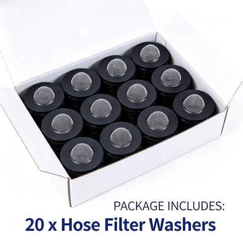Heavy Duty 20 Pack 1 Inch Hose Washers With Stainless Steel Screen Filters To Stop Clogs And Keep Water Flowing Smoothly In Your Garden Hose Or Washing Machine Supply Lines For Total Drainage Peace Of Mind, box of black mesh washers