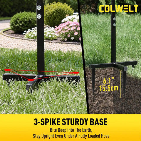 All In One Garden Hose Holder Kit With 50 Ft Hose Half Inch, Heavy Duty Freestanding Metal Stand in garden with 3-spike base
