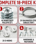 Heavy Duty Garage Door Pulley And Cable Kit With 4 Low Noise Pulleys 2 Steel Cables And S Hooks For 7 And 8 Foot Doors Easy Install No Fuss Replacement Parts 18 Piece Hardware Kit For Smooth And Balanced Operation showing components