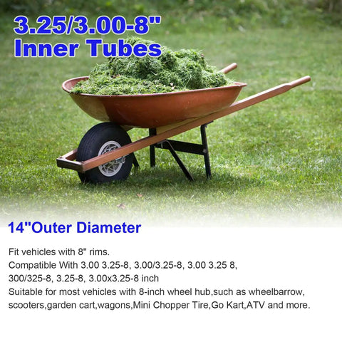 Wheelbarrow with grass, showcasing 3.00-3.25-8 Replacement Inner Tubes With TR-87 Bent Valve Stem For 8 Inch Rims Universal Fit