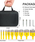 Diamond Hole Saw Kit 10 Pieces With Pilot Bits For Tile Ceramic Glass Pro Grade Set in case with accessories and measurements