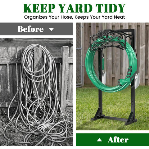 Freestanding Garden Hose Holder Stand With Heavy Duty Build, 2 Tool Hooks, Holds 150 Foot Water Hose, 4 Spike Stable Base, No Drill Hose Storage For Outdoor Yard Lawn Garden, Keeps Hose Off Dirt And Kinks, organizing hose neatly