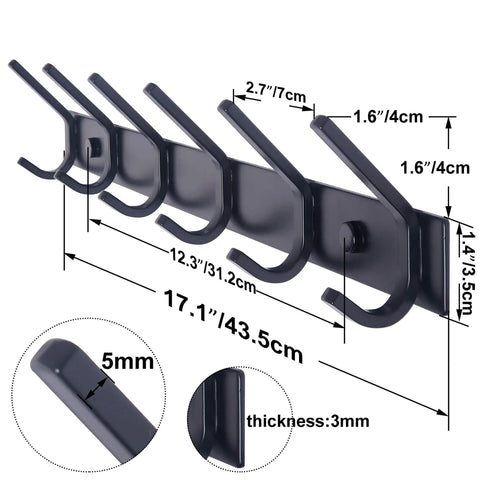 Heavy Duty Wall Mounted Coat Rack With Six Double Hooks Sturdy Metal Rail For Coats Purses Jackets And Backpacks Entryway Organizer In Black 17.1 Inch Long, side view showing dimensions.
