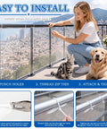 Gotta Keep Your Little Ones Safe With This Hella Clear Banister Guard And Pet Barrier For Balconies Stairs And Windows 16 Mil Thick Transparent Mesh demonstrating easy installation steps with a woman, dog, and cat.