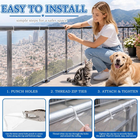 Gotta Keep Your Little Ones Safe With This Hella Clear Banister Guard And Pet Barrier For Balconies Stairs And Windows 16 Mil Thick Transparent Mesh demonstrating easy installation steps with a woman, dog, and cat.