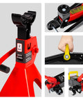 Collage of Beefy 2 Ton Hydraulic Low Profile Trolley Floor Jack With Blow Mold Carrying Case And 1 Pair 2 Ton Jack Stands details