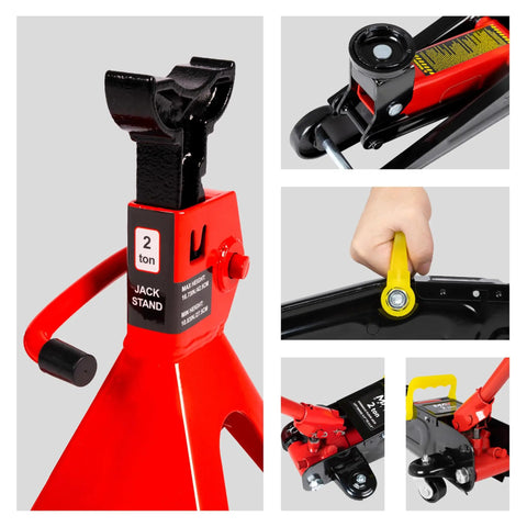 Collage of Beefy 2 Ton Hydraulic Low Profile Trolley Floor Jack With Blow Mold Carrying Case And 1 Pair 2 Ton Jack Stands details