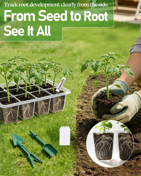 Person using Ten Pack Seed Starter Tray Set with Extra Tall Humidity Dome for planting seedlings outdoors.
