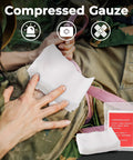 IFAK trauma kit with tourniquet and 4-inch Israeli bandage in black MOLLE bag; applying compressed gauze to leg