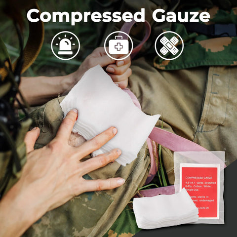 IFAK trauma kit with tourniquet and 4-inch Israeli bandage in black MOLLE bag; applying compressed gauze to leg