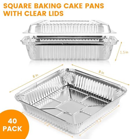 40 Pack 8x8 Inch Aluminum Square Pans With Clear Lids For Baking, Heating, Storing, And Meal Prep, Disposable Foil Pans With Lids