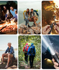 Collage of outdoor enthusiasts using Windproof Plasma Arc Lighter And LED Flashlight 2 In 1 For Camping Hiking And Emergencies