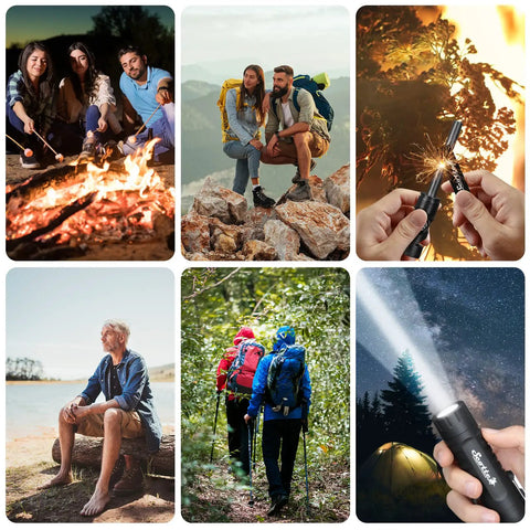 Collage of outdoor enthusiasts using Windproof Plasma Arc Lighter And LED Flashlight 2 In 1 For Camping Hiking And Emergencies