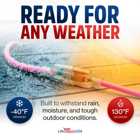 75Ft Heavy Duty Extension Cord Waterproof And Cold Resistant For Indoor Or Outdoor Jobsites A Beefy 15 Amp Three Prong Power Cable That Grinds Through Anything Without Breaking A Sweat In Neon Pink on wet surface.