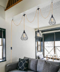 Triple Pendant Light Cord Kit With Independent Switch Hemp Rope Vintage Hanging Fixture For E26 Bulbs in living room setup