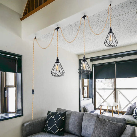 Triple Pendant Light Cord Kit With Independent Switch Hemp Rope Vintage Hanging Fixture For E26 Bulbs in living room setup