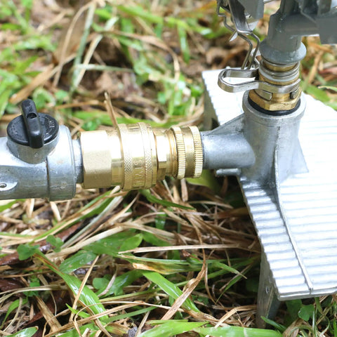 Three Quarter Inch Full Flow Brass Garden Hose Quick Connect Fittings Set No Fuss With Lead Free Full Port Design And High Volume Quick Release Coupler For Five Eighth And Three Quarter Inch Hoses installed on a metal sprinkler.