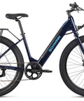 Electric Hybrid Bike With 350W Hub Motor, 27-Inch Wheels, Throttle Or Pedal Assist, Up To 20 MPH, Dope Daily Commute Cruiser For Adults, Lightweight Blue Frame Built For Easy Hills And All Day Comfort, side view with rack