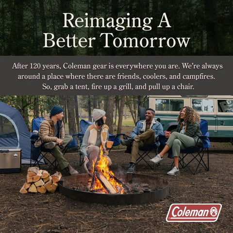 Group of campers around a fire with tents and chairs, outdoors with trees and a van in the background for a camping trip.