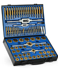 Orion Motor Tech 86-piece tap and die set in blue carrying case with gold taps and silver dies, front view
