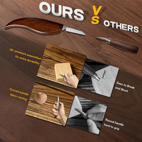 Comparison of our starter wood carving tool set with sharp knives vs others for DIY carving projects including apple shaped designs.