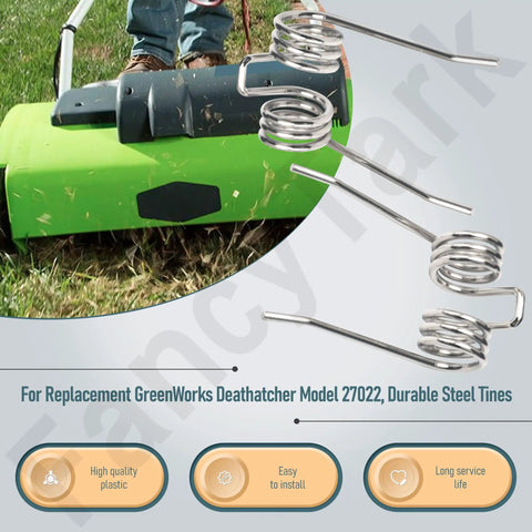 Durable Steel Dethatcher Tines For Lawn Dethatchers 27022, 14-inch replacement parts shown with lawn tool in background.