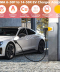 Nema 6-50P To 14-50R EV Level 2 Charging Adapter 32 Amp Max connected to an electric vehicle in a driveway.