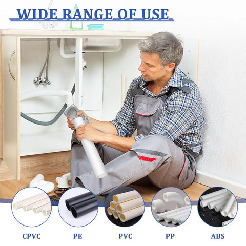 Plumber using PVC Deburring Tool For Plastic Pipe Set Six Size One And A Quarter Inch To Four Inch for plumbing work