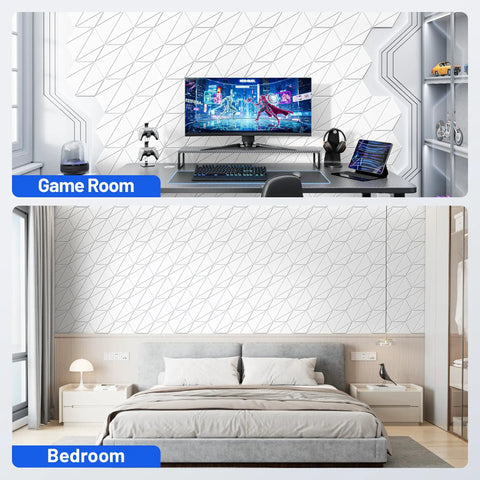 Kickass 12 Pack Hexagon Acoustic Panels For Walls in game room and bedroom settings, demonstrating soundproofing and decor.