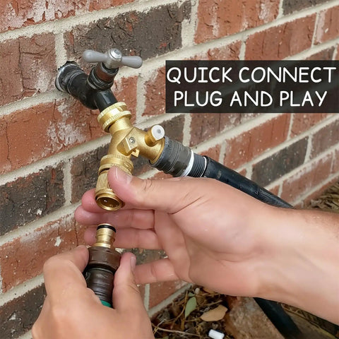 Solid Brass Garden Hose Quick Connector Kit, Three Quarter Inch GHT Threaded Couplings With Easy Install on outdoor tap.