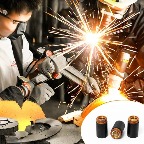 Metalworkers using plasma cutter with Three Pack Plasma Cutter Retaining Caps For 45PX 65 85 105 HRT MRT Torches inset.