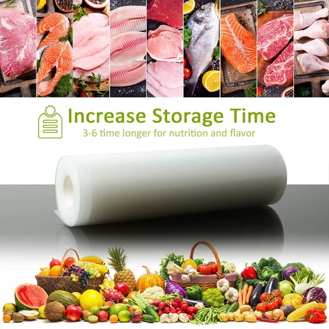 Heavy Duty Vacuum Sealer Bags Set Featuring Two Handy Sizes 11x20 And 8x20 Inches with food items and storage benefits