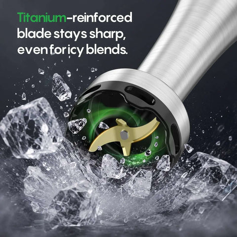 Top Tier Four In One Immersion Hand Blender With Variable Speed Trigger for icy blends, featuring a sharp titanium-reinforced blade.