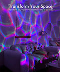 Epic Galaxy Projector Star Light With Bluetooth Speaker creating colorful ceiling decor in a cozy living room setting.